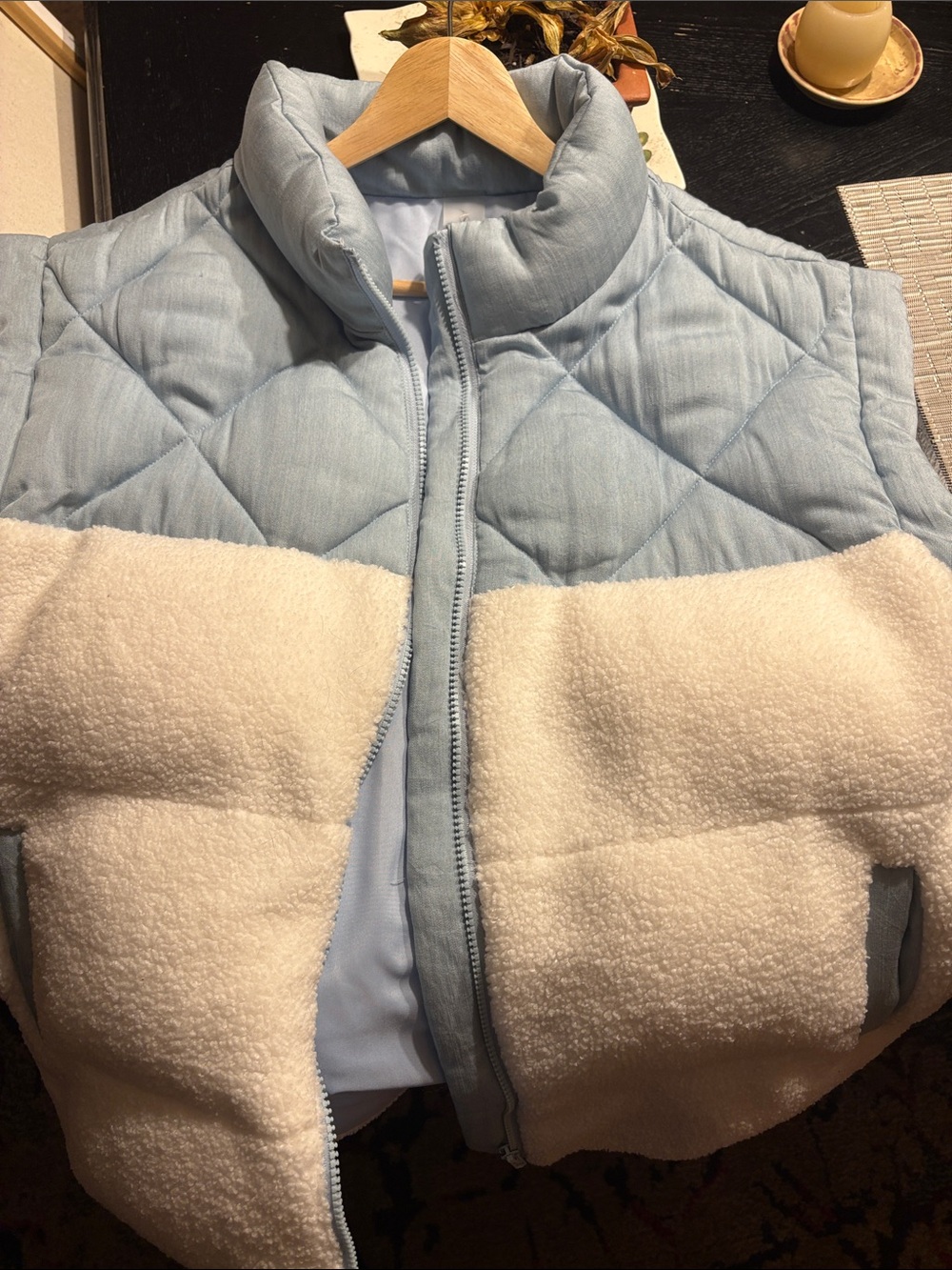 Light Blue and White Sherpa Quilted Vest - Women's Cozy Layer
